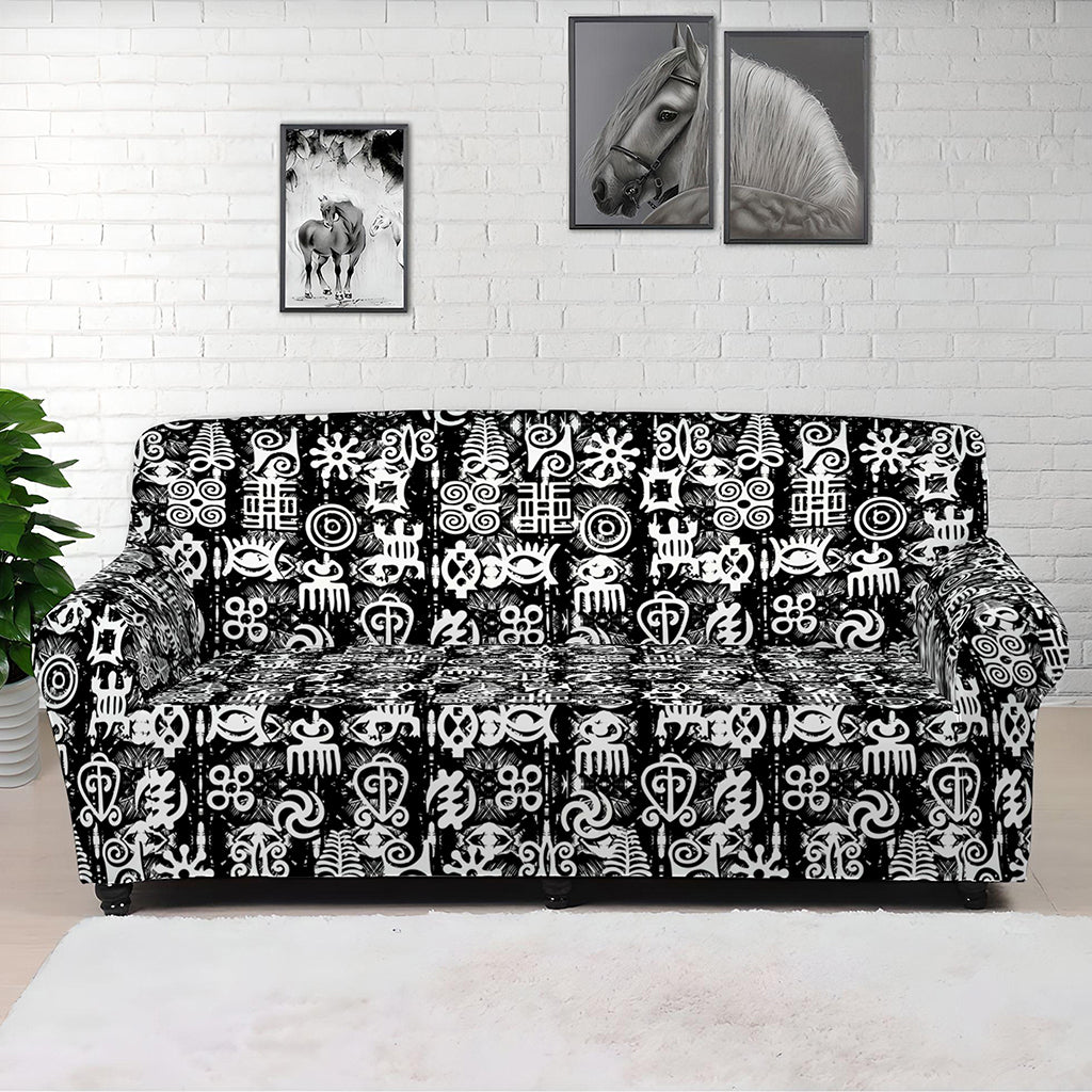 Black And White African Adinkra Symbols Sofa Cover