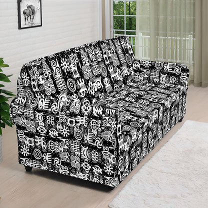 Black And White African Adinkra Symbols Sofa Cover