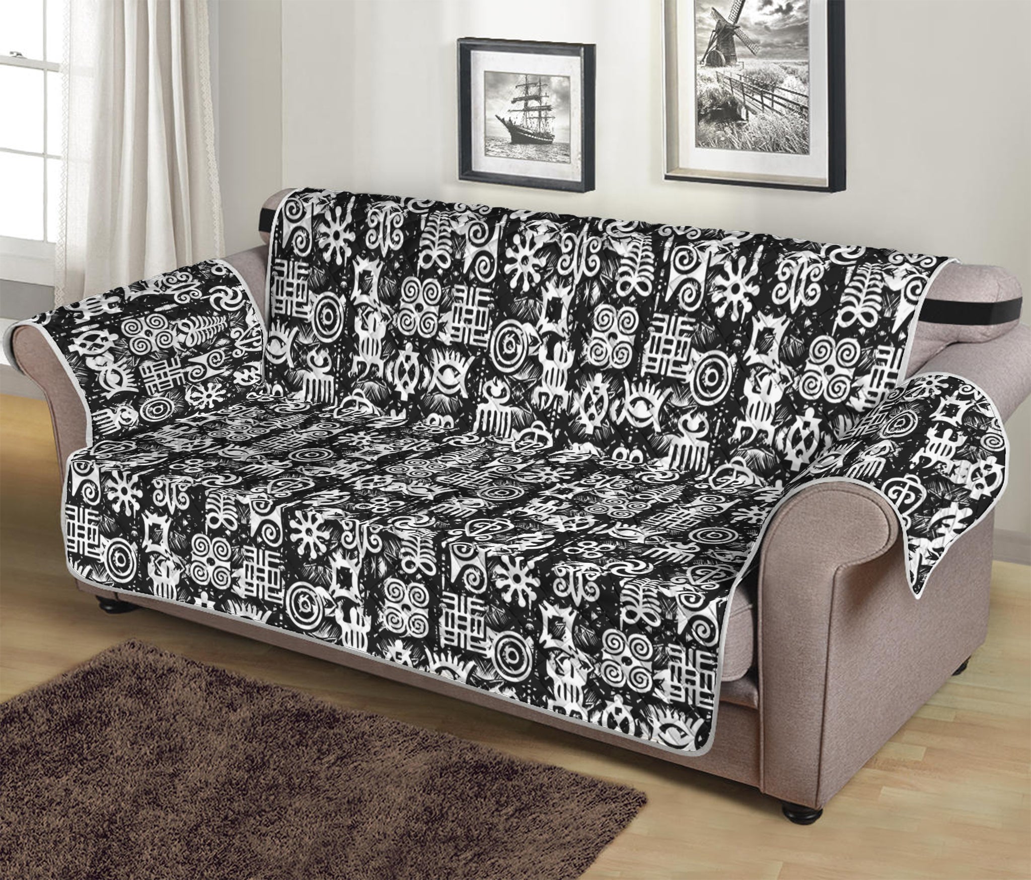 Black And White African Adinkra Symbols Sofa Protector