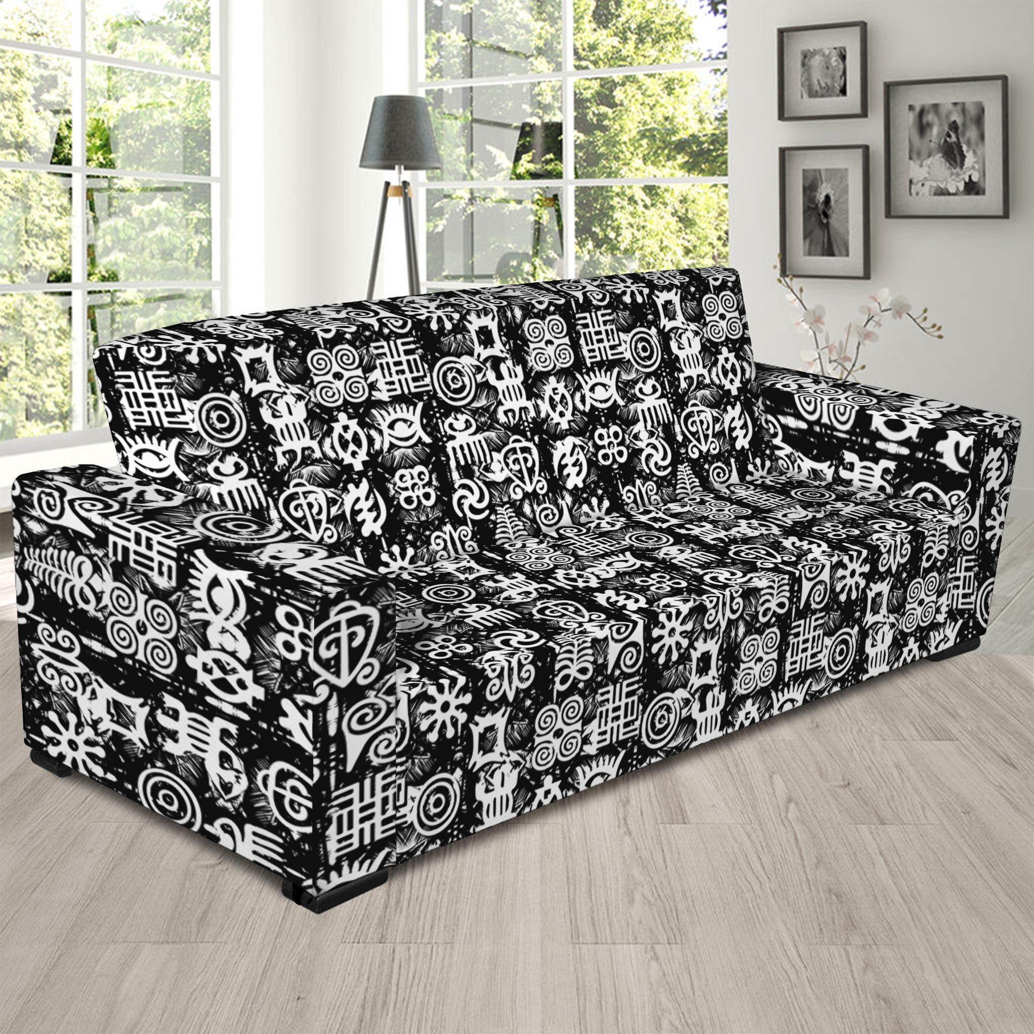 Black And White African Adinkra Symbols Sofa Slipcover