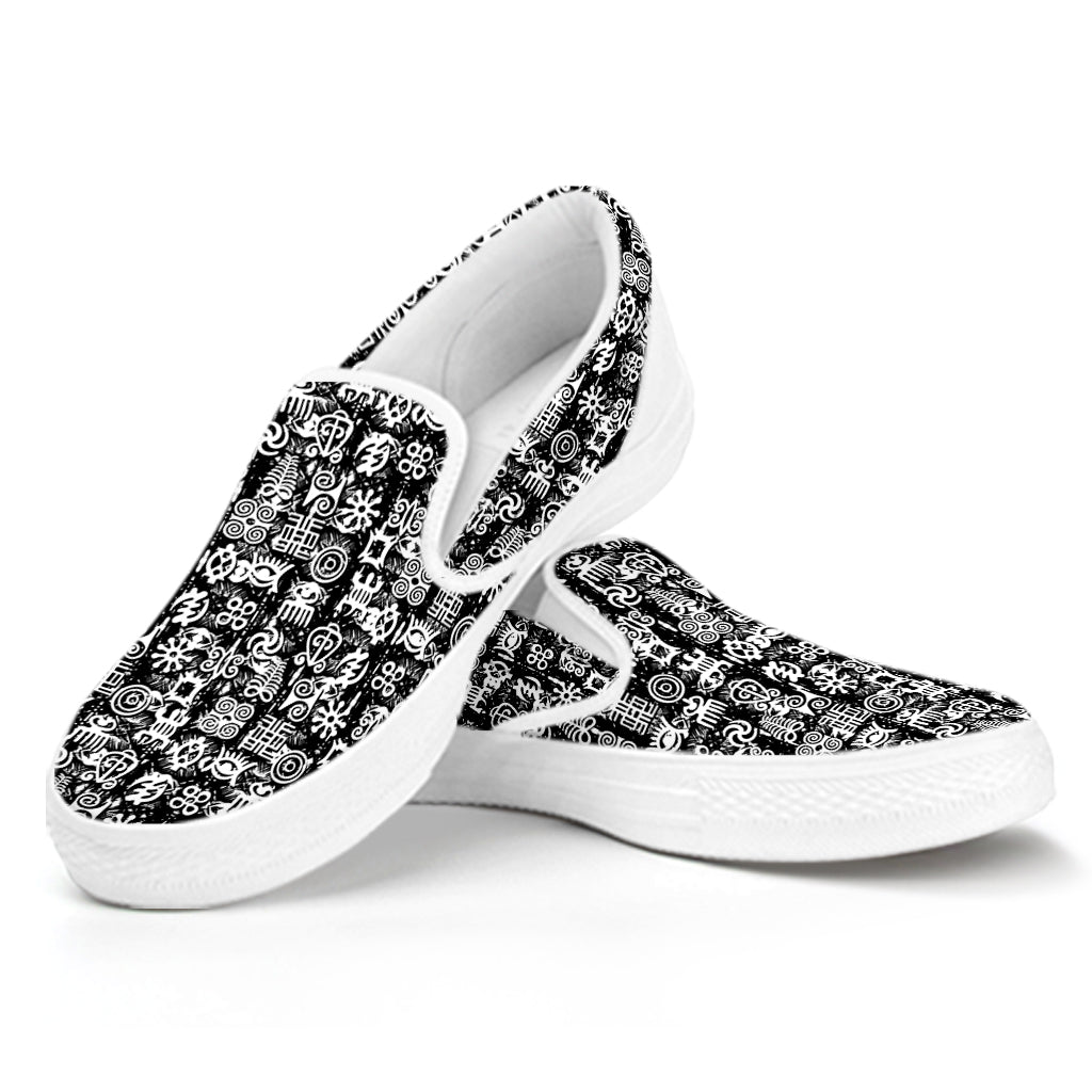 Black And White African Adinkra Symbols White Slip On Shoes