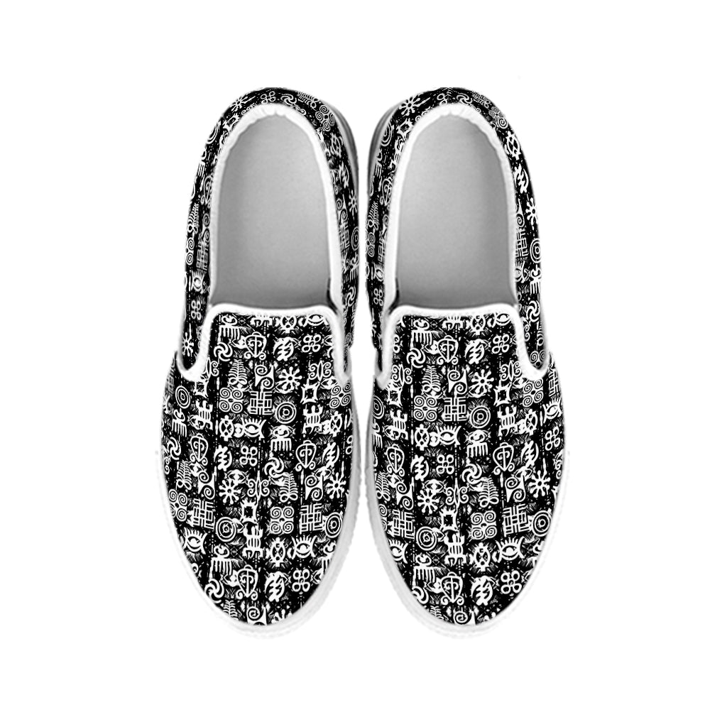 Black And White African Adinkra Symbols White Slip On Shoes