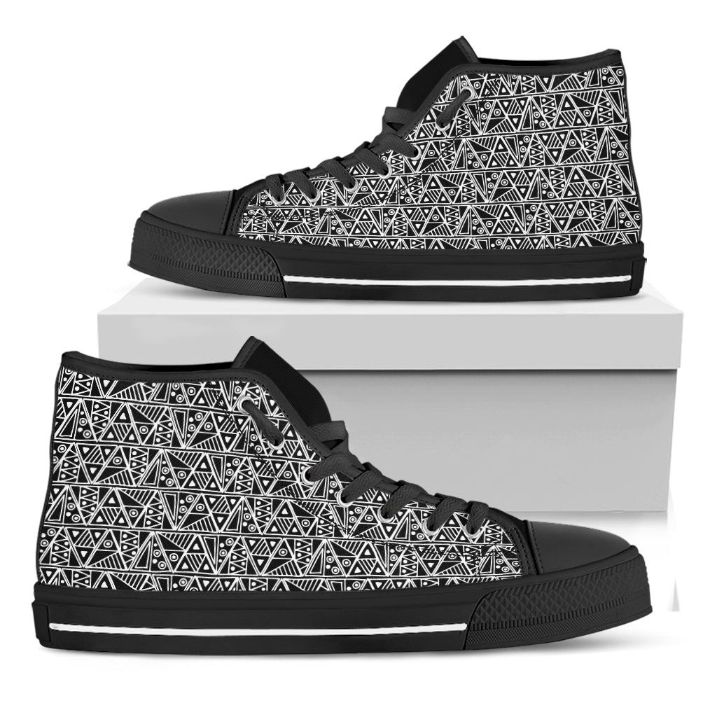 Black And White African Ethnic Print Black High Top Shoes