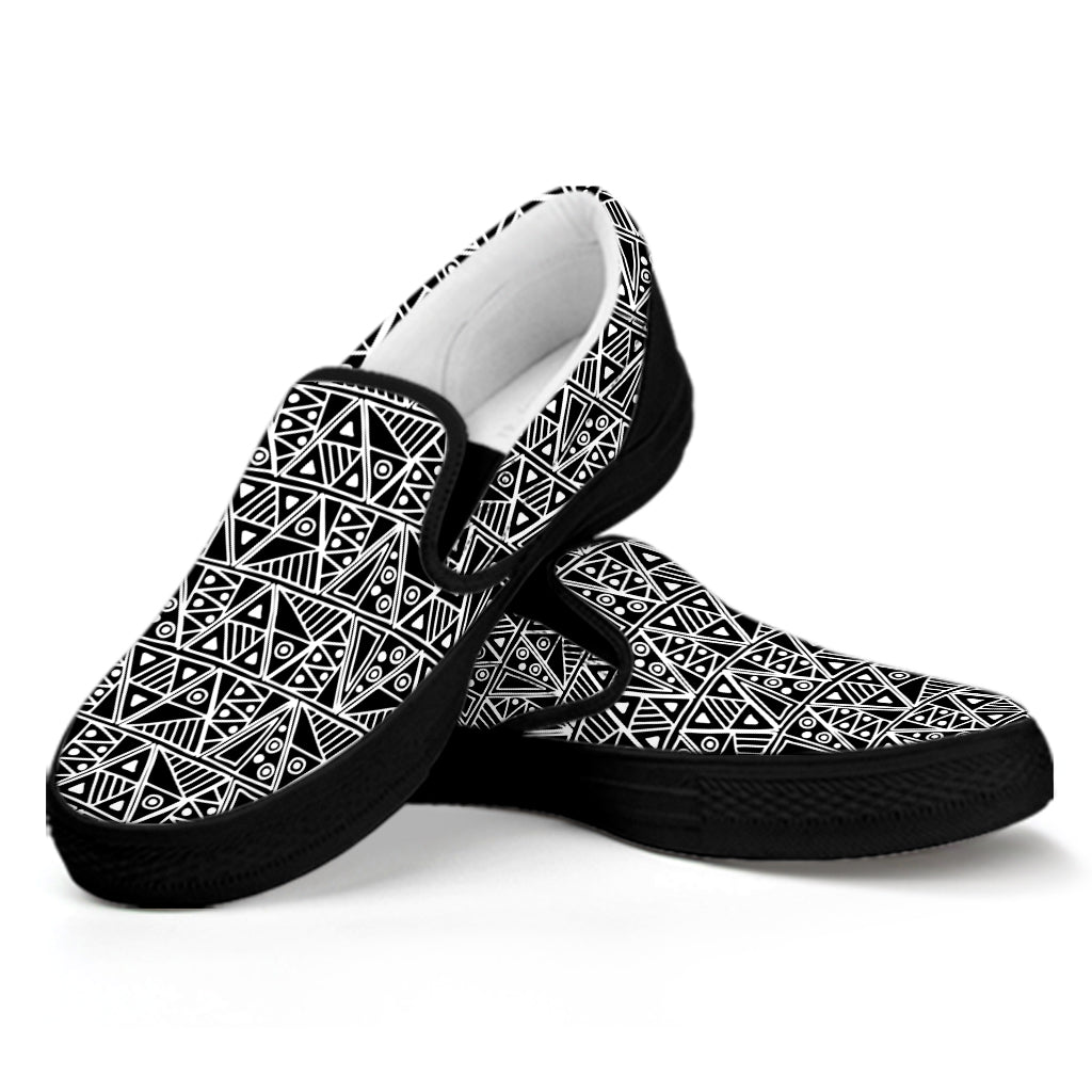 Black And White African Ethnic Print Black Slip On Shoes