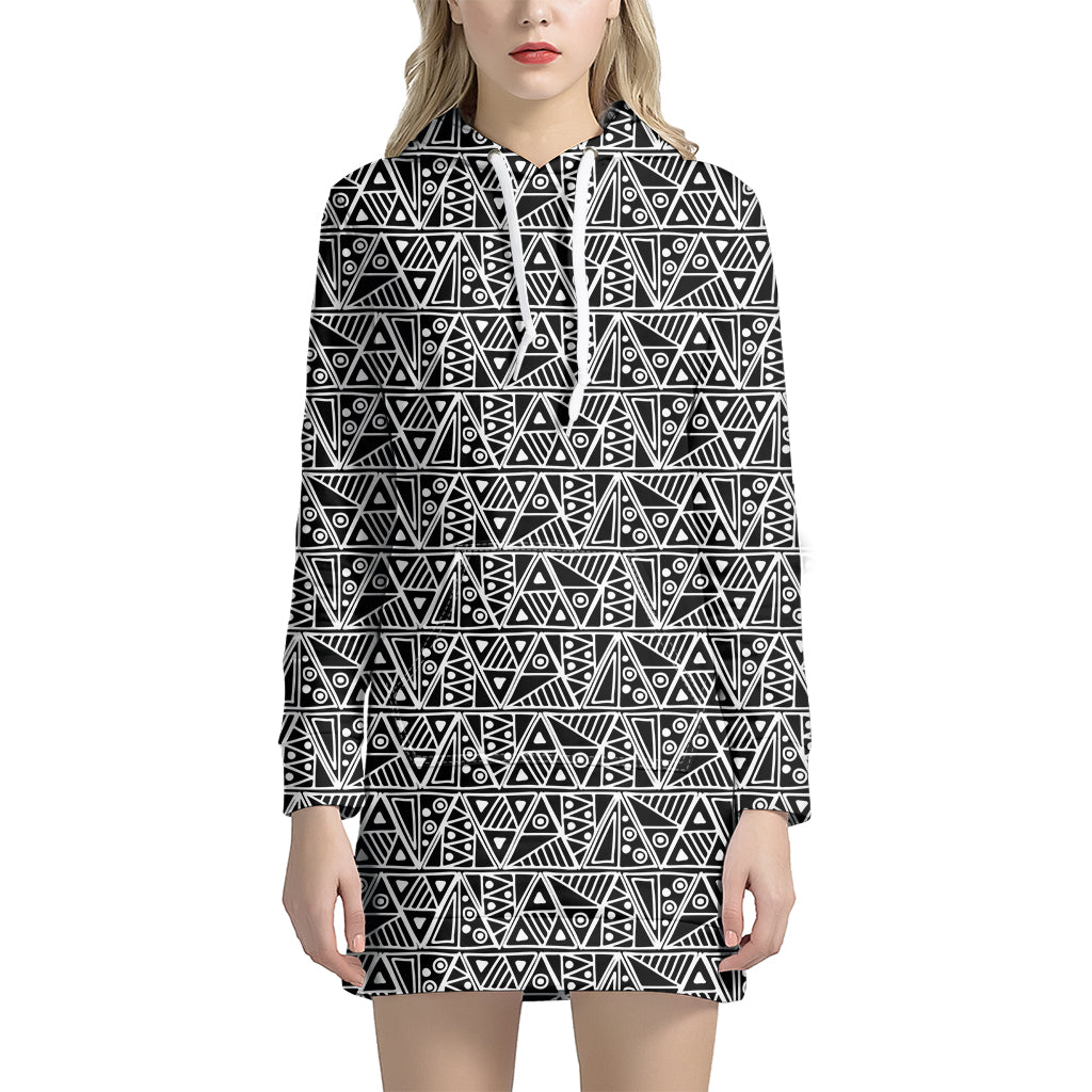 Black And White African Ethnic Print Hoodie Dress