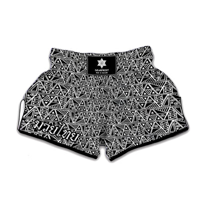 Black And White African Ethnic Print Muay Thai Boxing Shorts