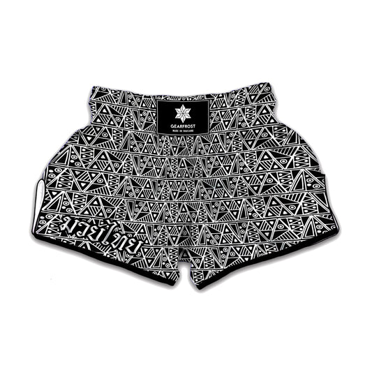 Black And White African Ethnic Print Muay Thai Boxing Shorts