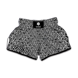 Black And White African Ethnic Print Muay Thai Boxing Shorts