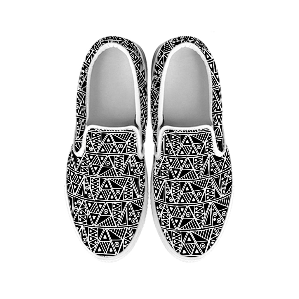 Black And White African Ethnic Print White Slip On Shoes