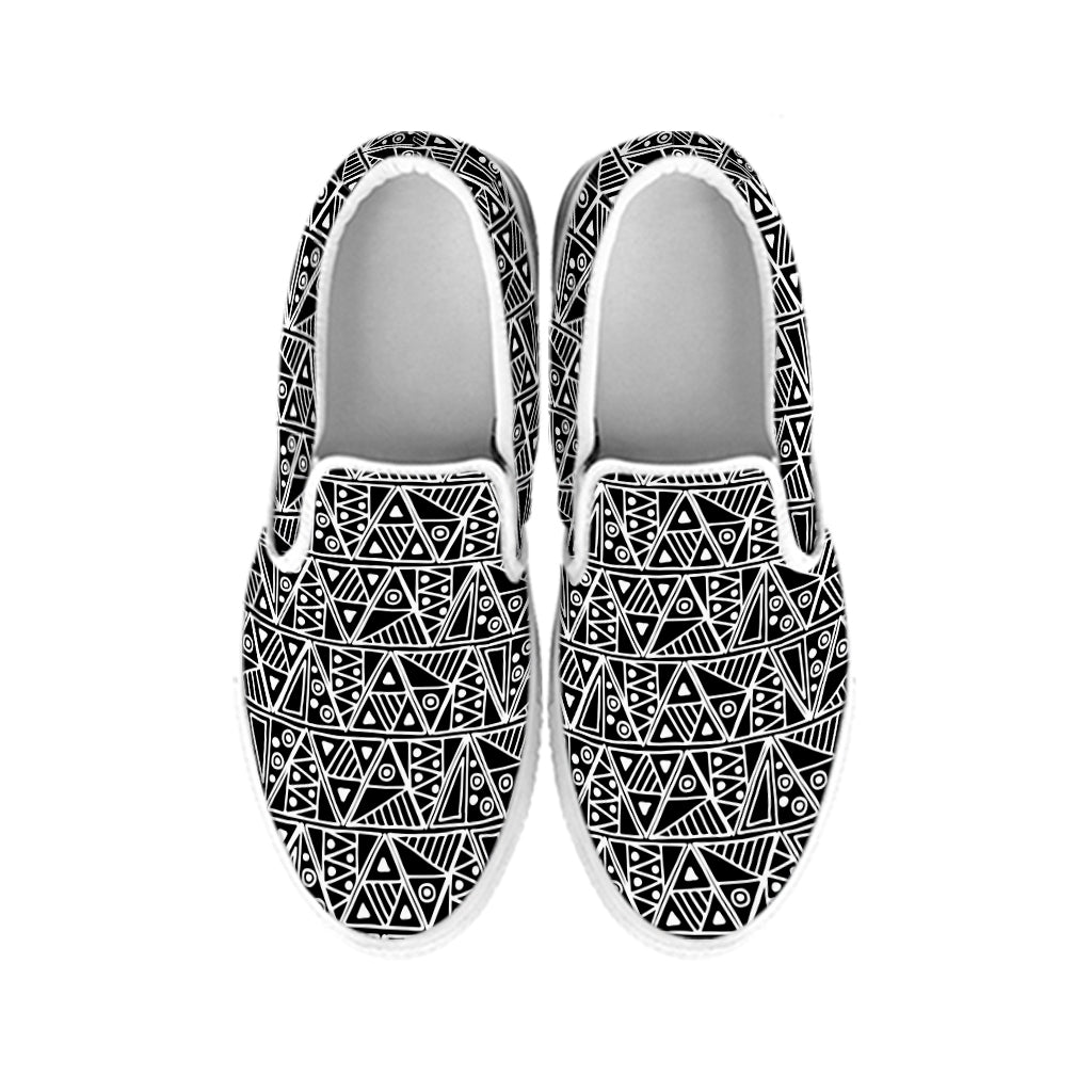 Black And White African Ethnic Print White Slip On Shoes