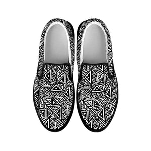 Black And White African Inspired Print Black Slip On Shoes