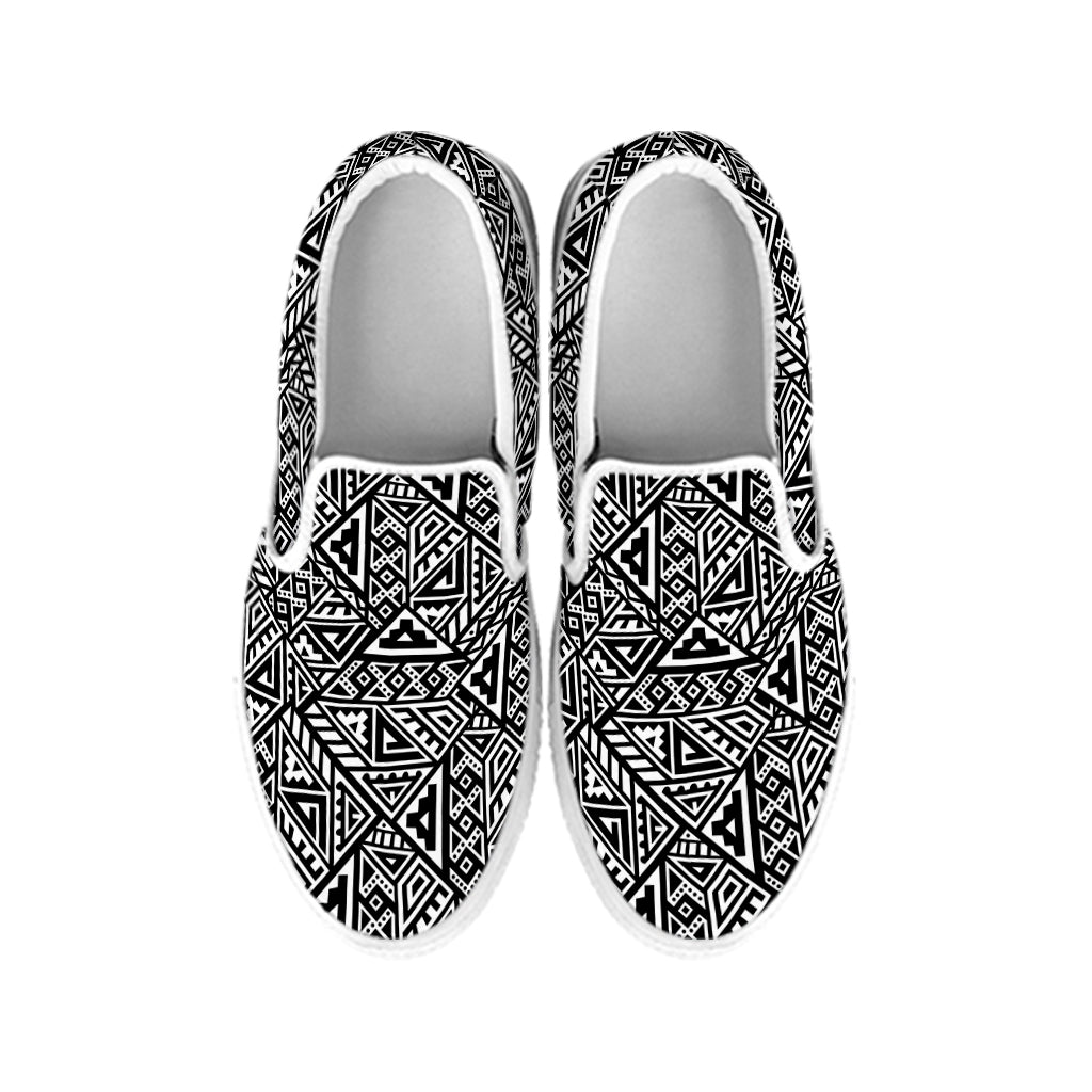 Black And White African Inspired Print White Slip On Shoes