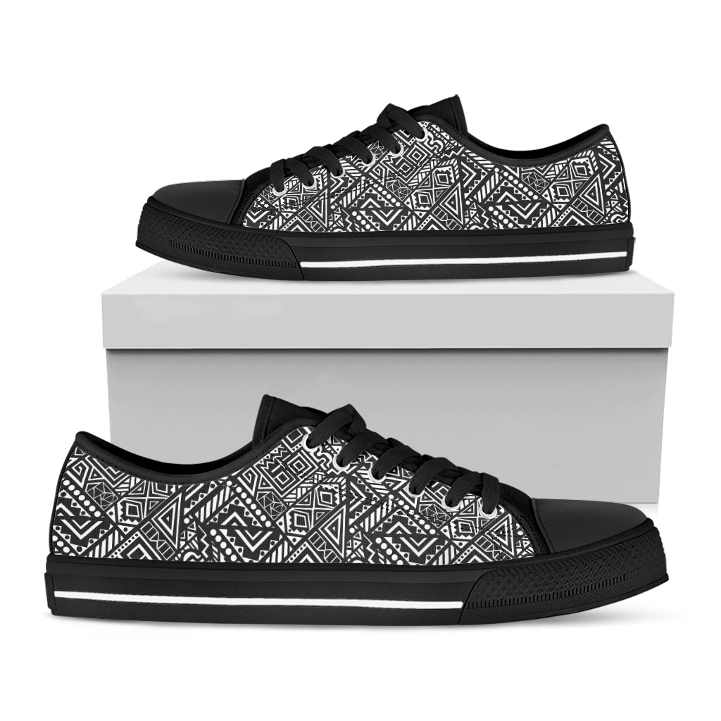 Black And White African Tribal Print Black Low Top Shoes