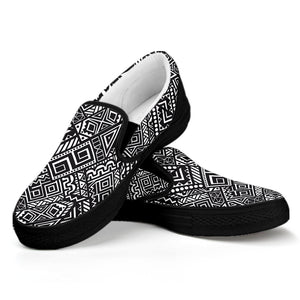 Black And White African Tribal Print Black Slip On Shoes