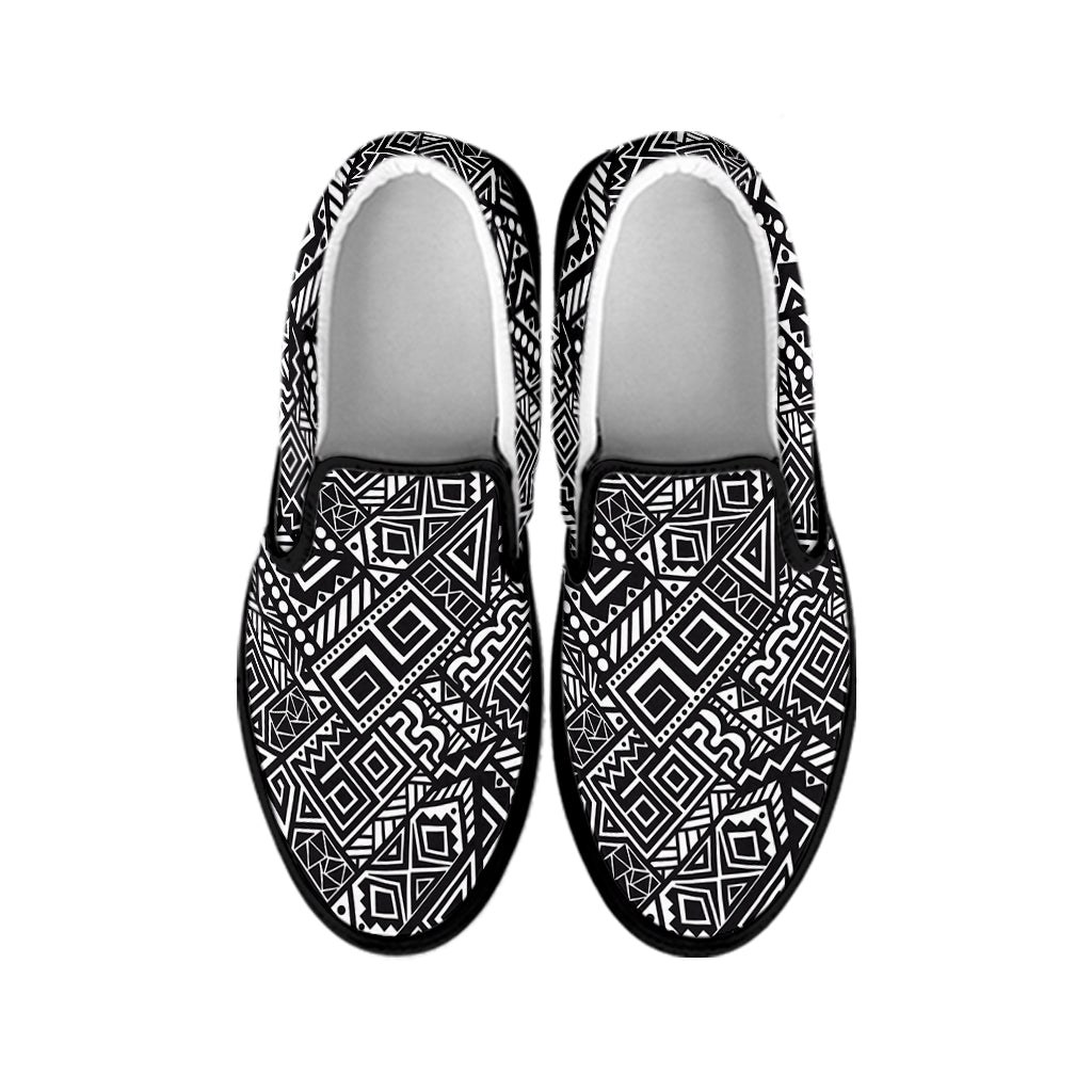 Black And White African Tribal Print Black Slip On Shoes