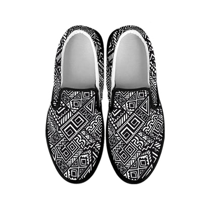 Black And White African Tribal Print Black Slip On Shoes