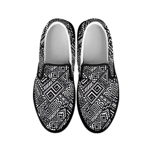 Black And White African Tribal Print Black Slip On Shoes