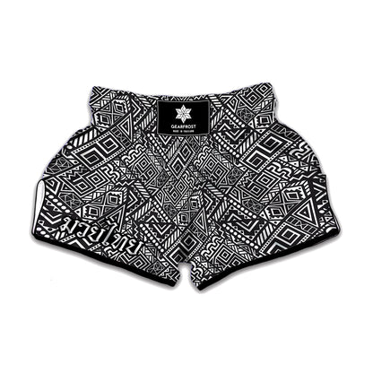 Black And White African Tribal Print Muay Thai Boxing Shorts