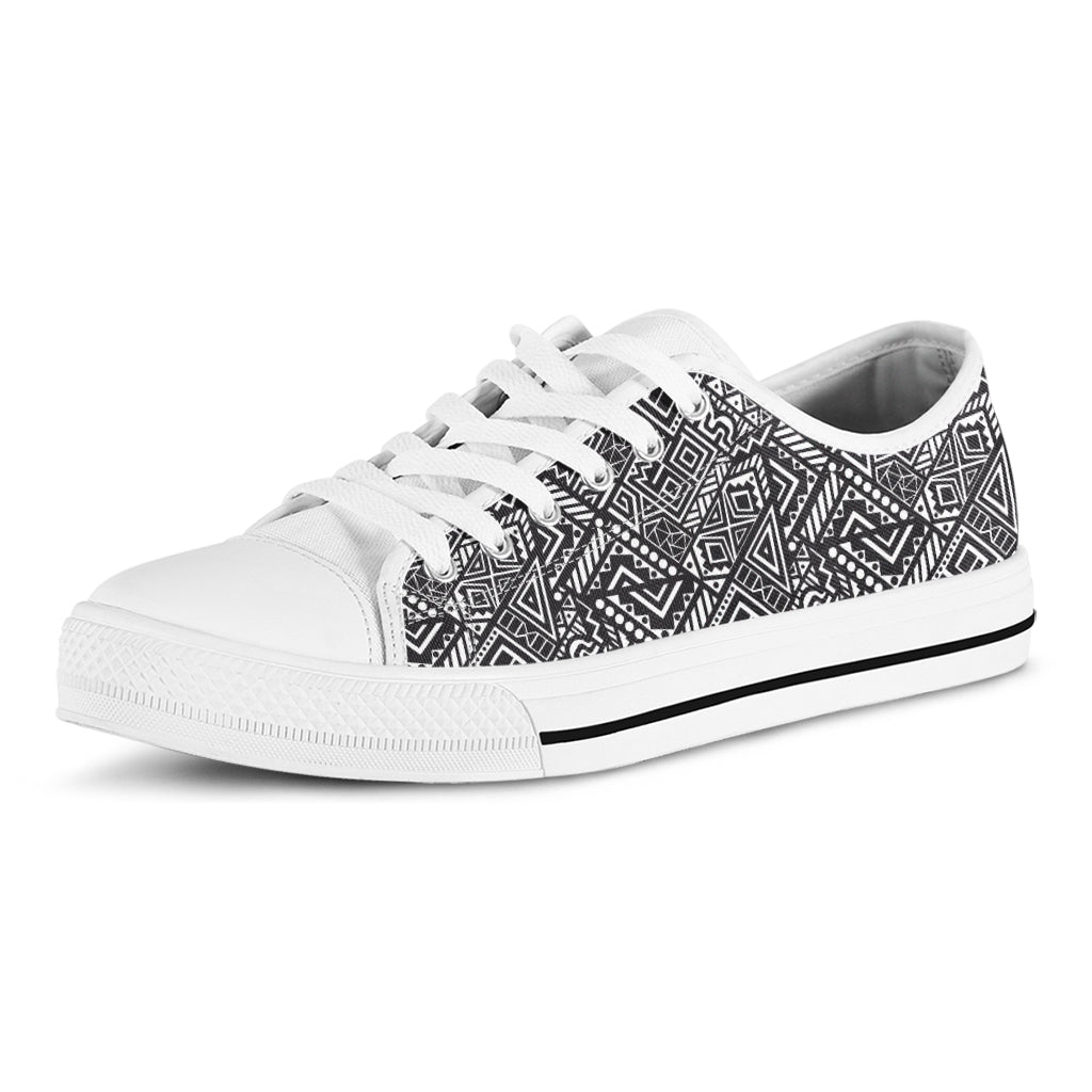 Black And White African Tribal Print White Low Top Shoes