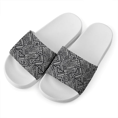 Black And White African Tribal Print White Slide Sandals