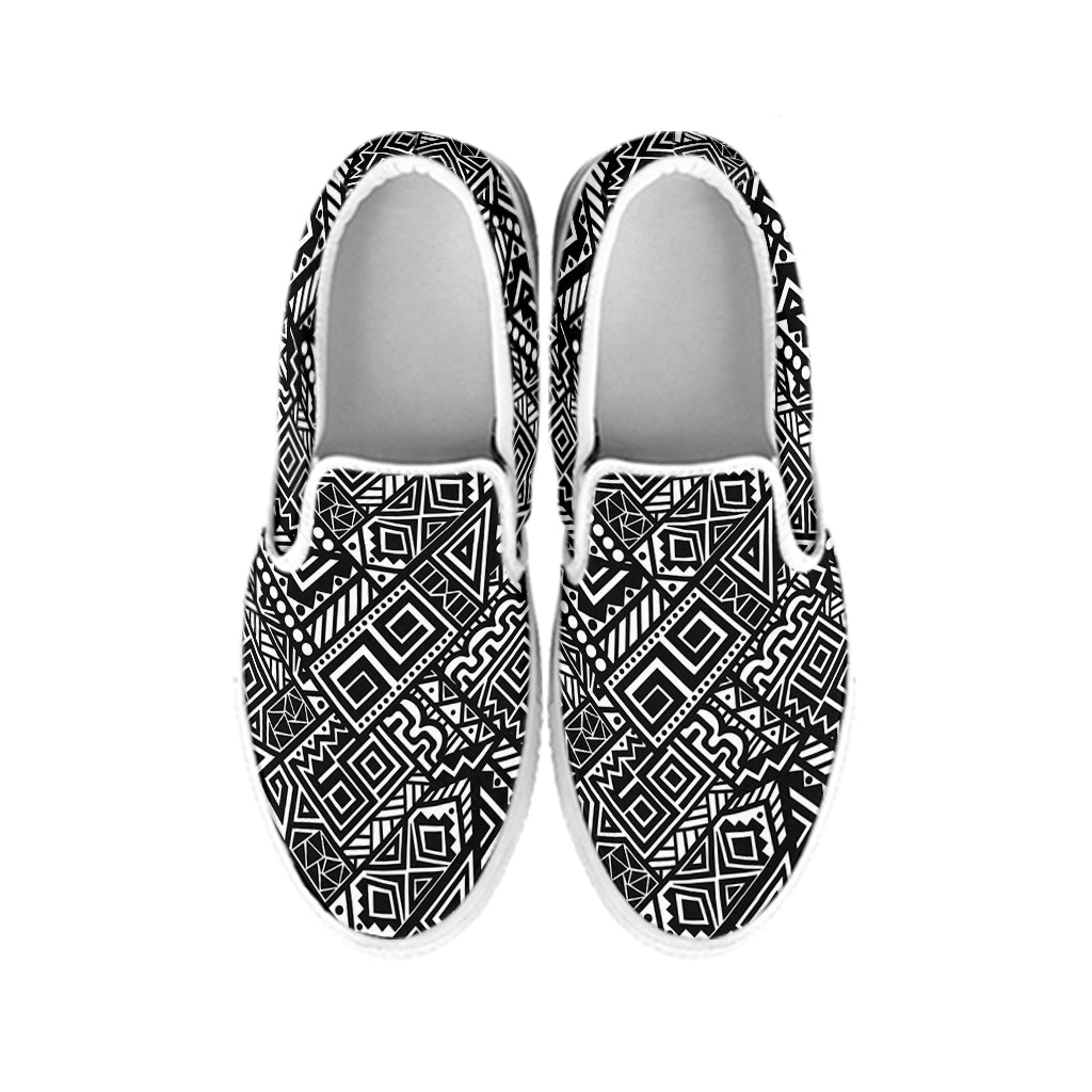 Black And White African Tribal Print White Slip On Shoes