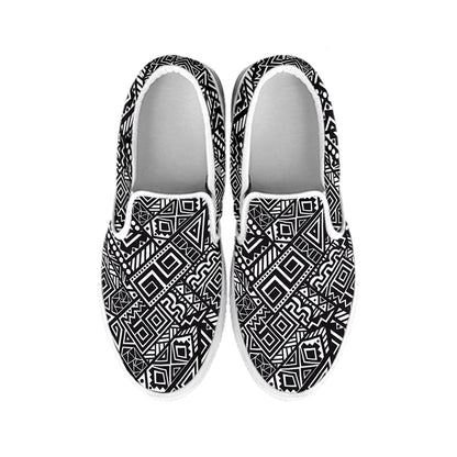 Black And White African Tribal Print White Slip On Shoes