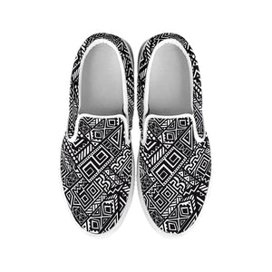 Black And White African Tribal Print White Slip On Shoes