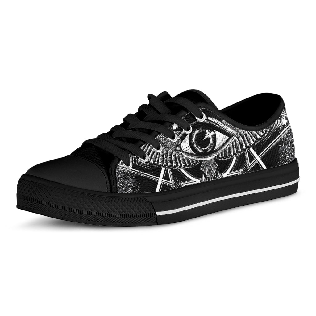 Black And White All Seeing Eye Print Black Low Top Shoes 