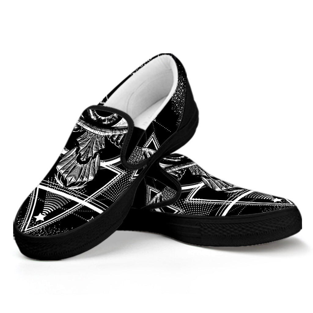 Black And White All Seeing Eye Print Black Slip On Shoes