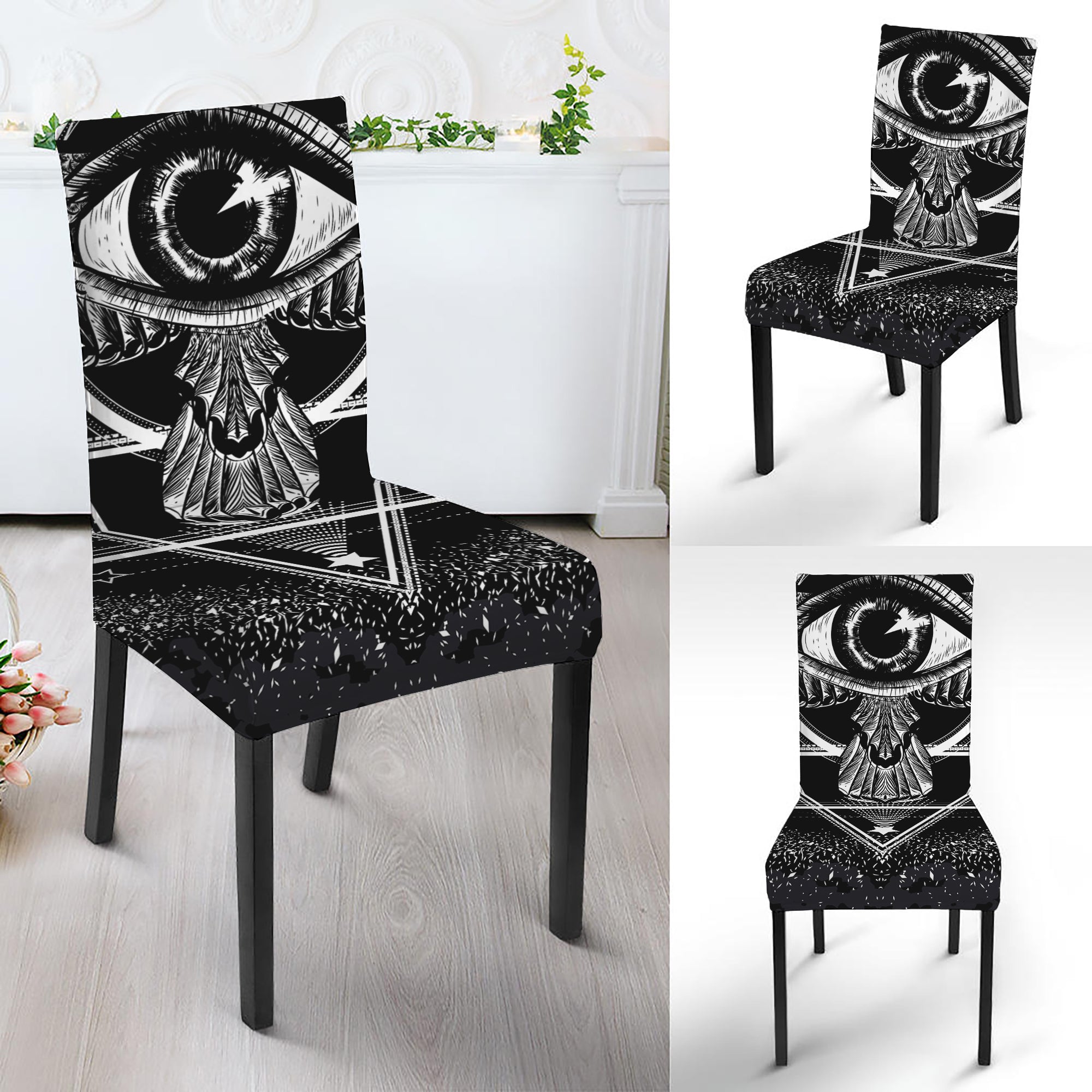 Black And White All Seeing Eye Print Dining Chair Slipcover