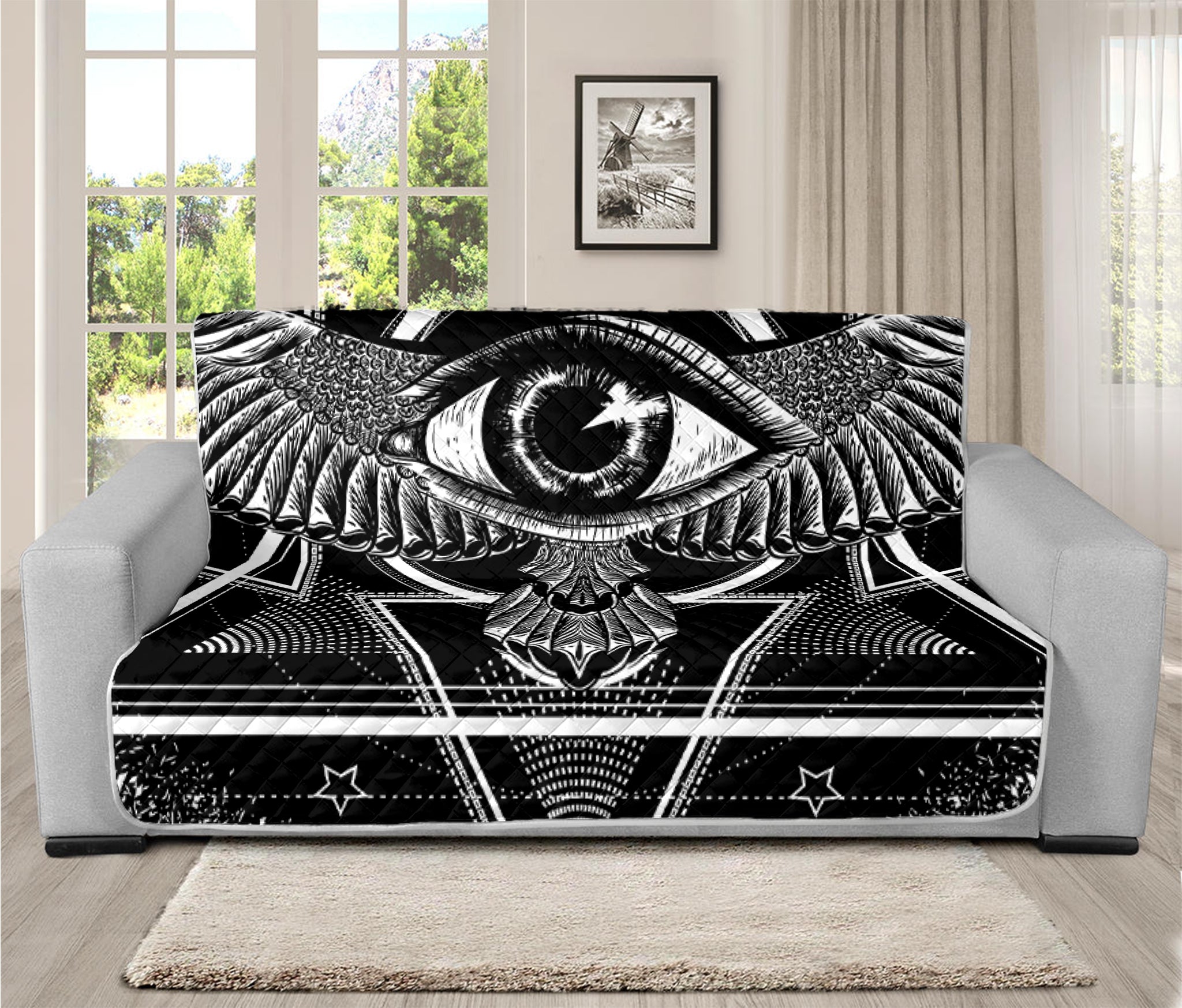 Black And White All Seeing Eye Print Futon Protector