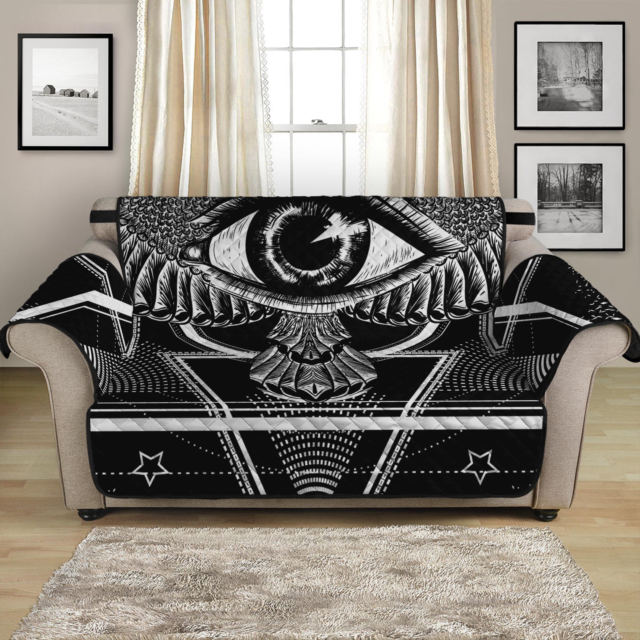 Black And White All Seeing Eye Print Loveseat Protector