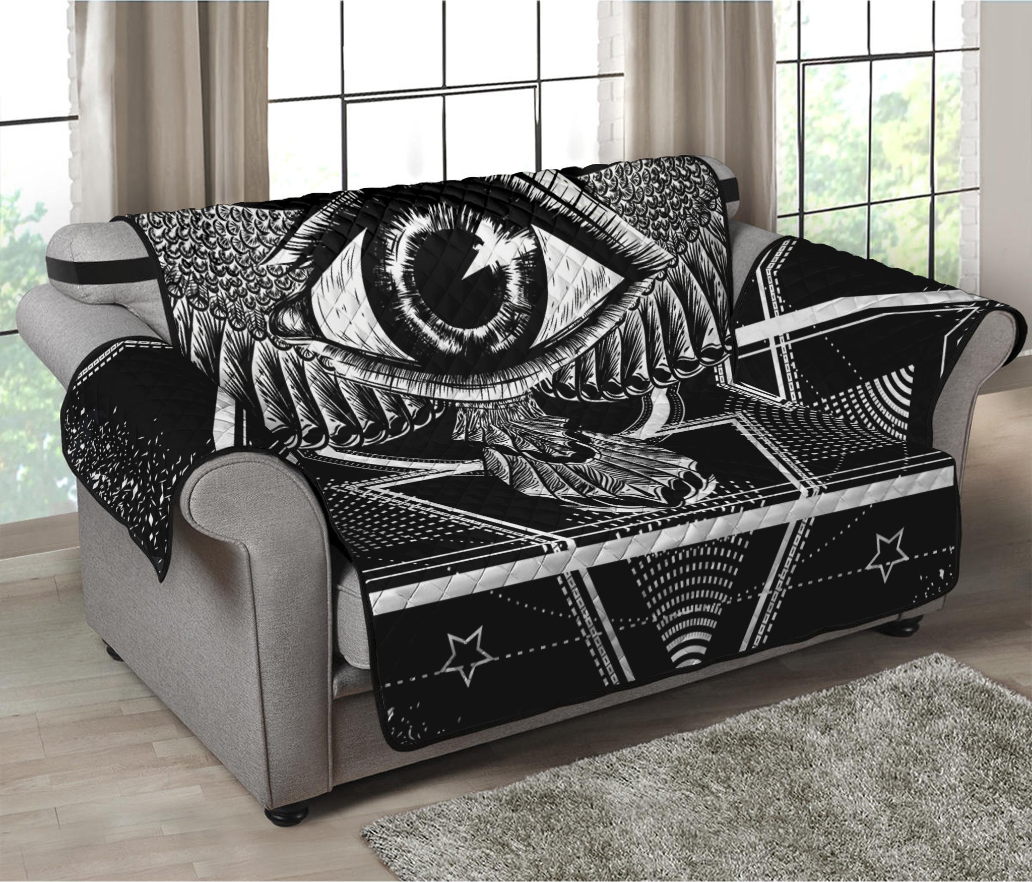 Black And White All Seeing Eye Print Loveseat Protector