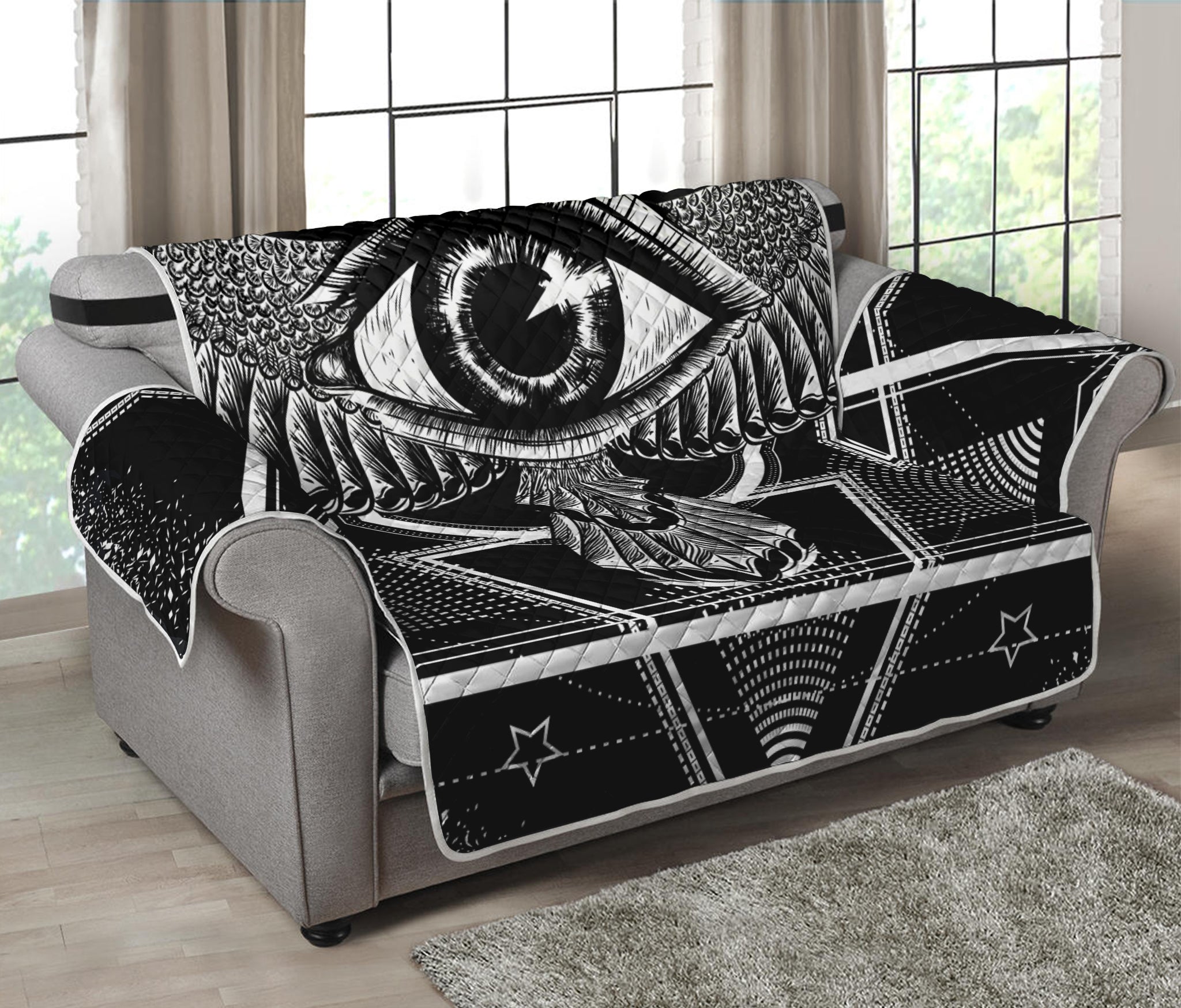 Black And White All Seeing Eye Print Loveseat Protector