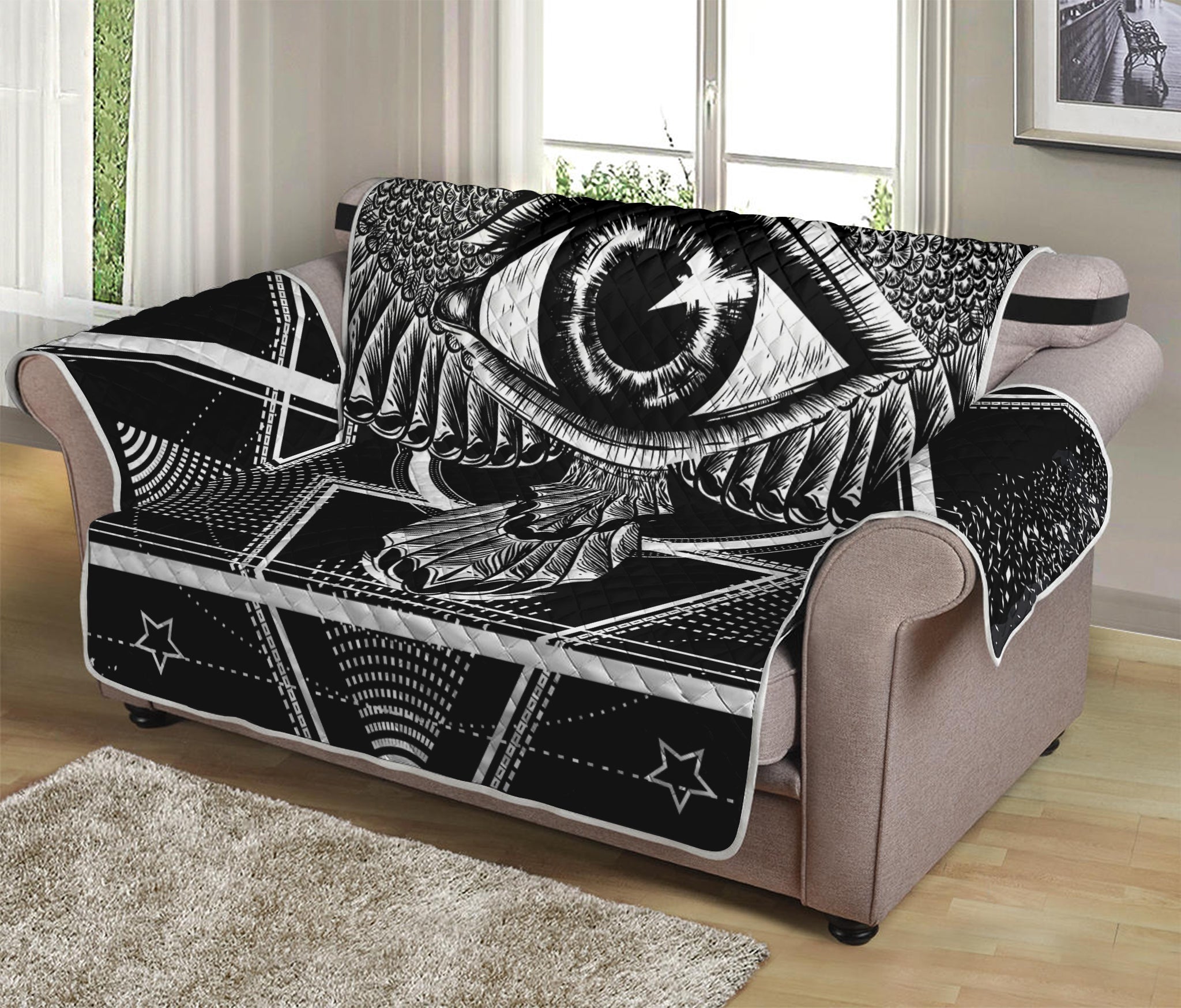 Black And White All Seeing Eye Print Loveseat Protector