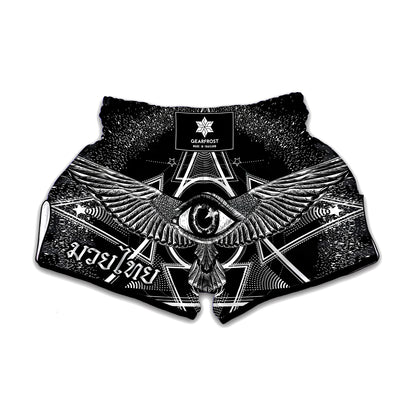 Black And White All Seeing Eye Print Muay Thai Boxing Shorts