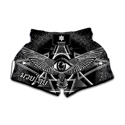 Black And White All Seeing Eye Print Muay Thai Boxing Shorts
