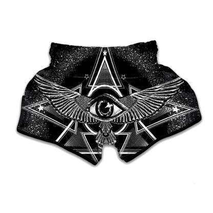 Black And White All Seeing Eye Print Muay Thai Boxing Shorts