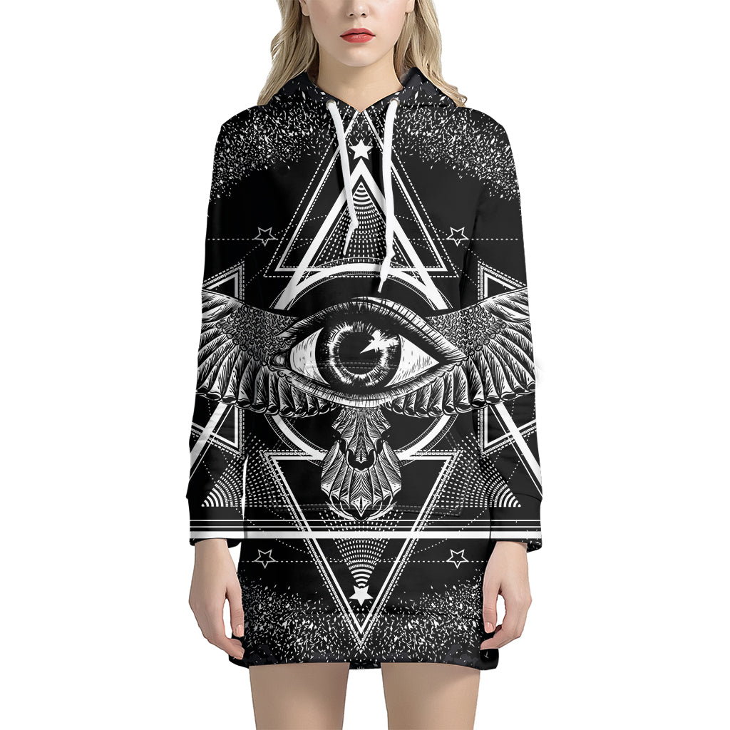 Black And White All Seeing Eye Print Pullover Hoodie Dress