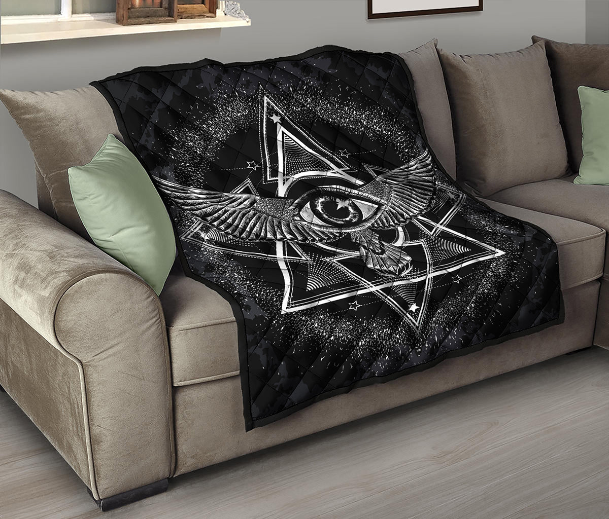 Black And White All Seeing Eye Print Quilt