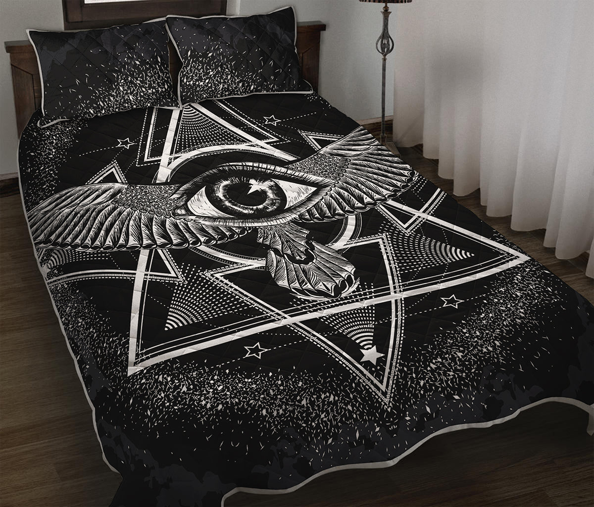 Black And White All Seeing Eye Print Quilt Bed Set