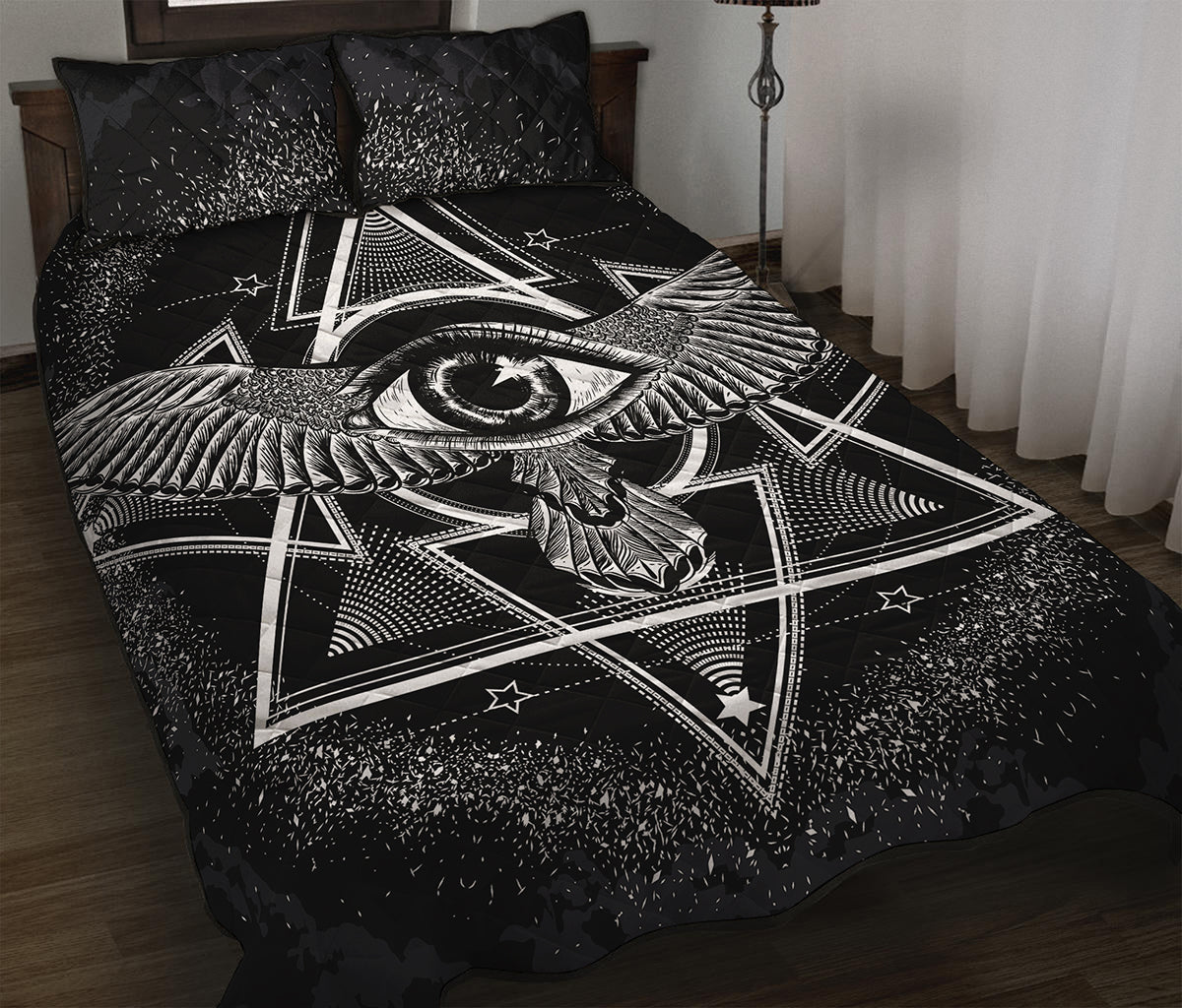 Black And White All Seeing Eye Print Quilt Bed Set