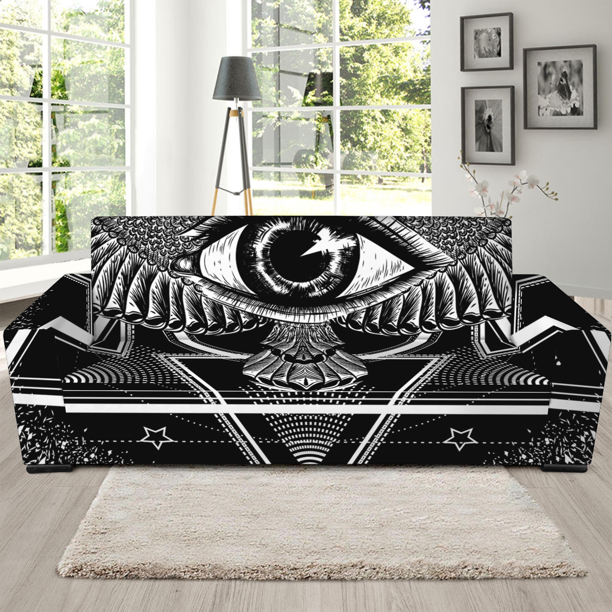 Black And White All Seeing Eye Print Sofa Slipcover