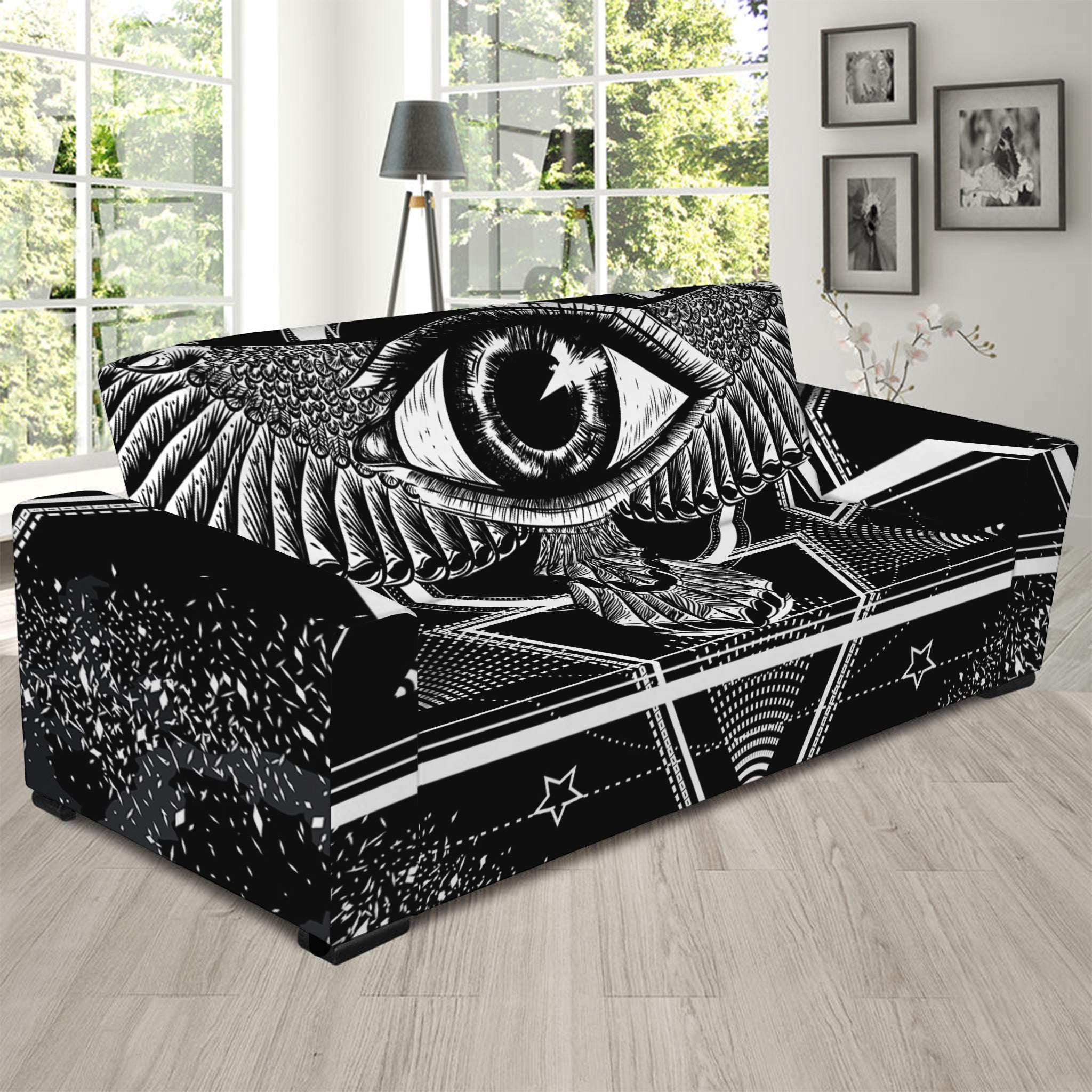 Black And White All Seeing Eye Print Sofa Slipcover