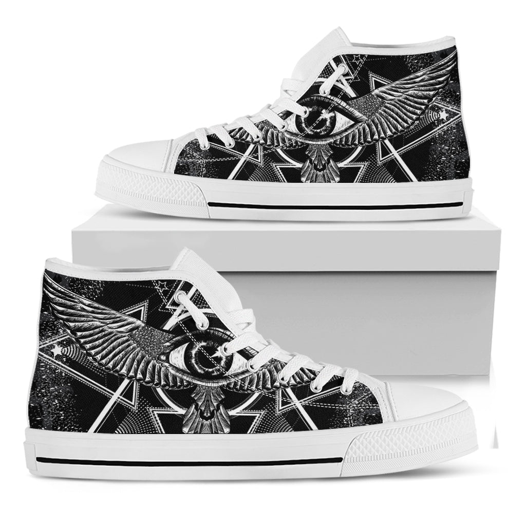 Black And White All Seeing Eye Print White High Top Shoes