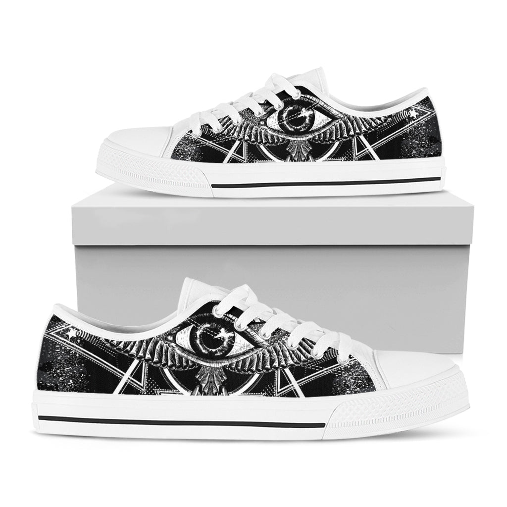 Black And White All Seeing Eye Print White Low Top Shoes