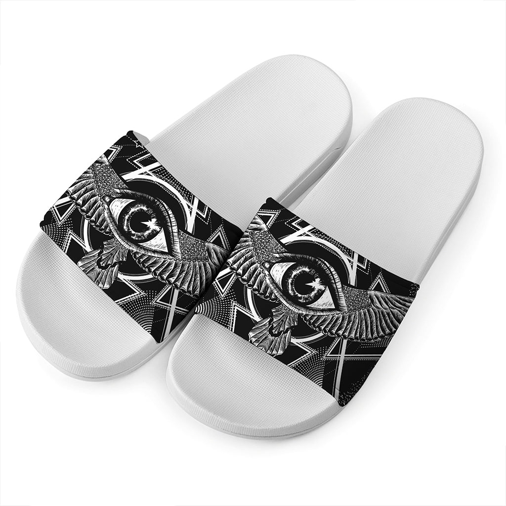 Black And White All Seeing Eye Print White Slide Sandals