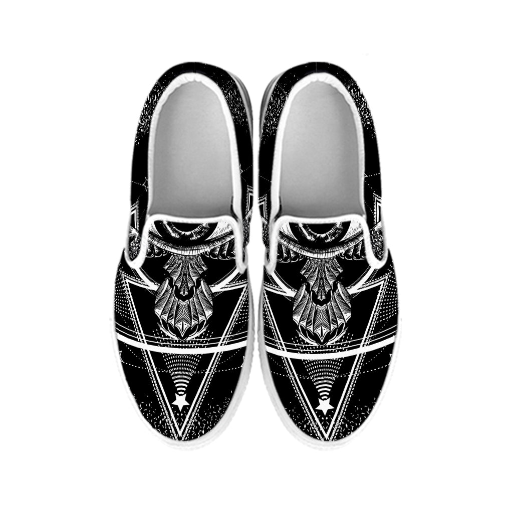 Black And White All Seeing Eye Print White Slip On Shoes