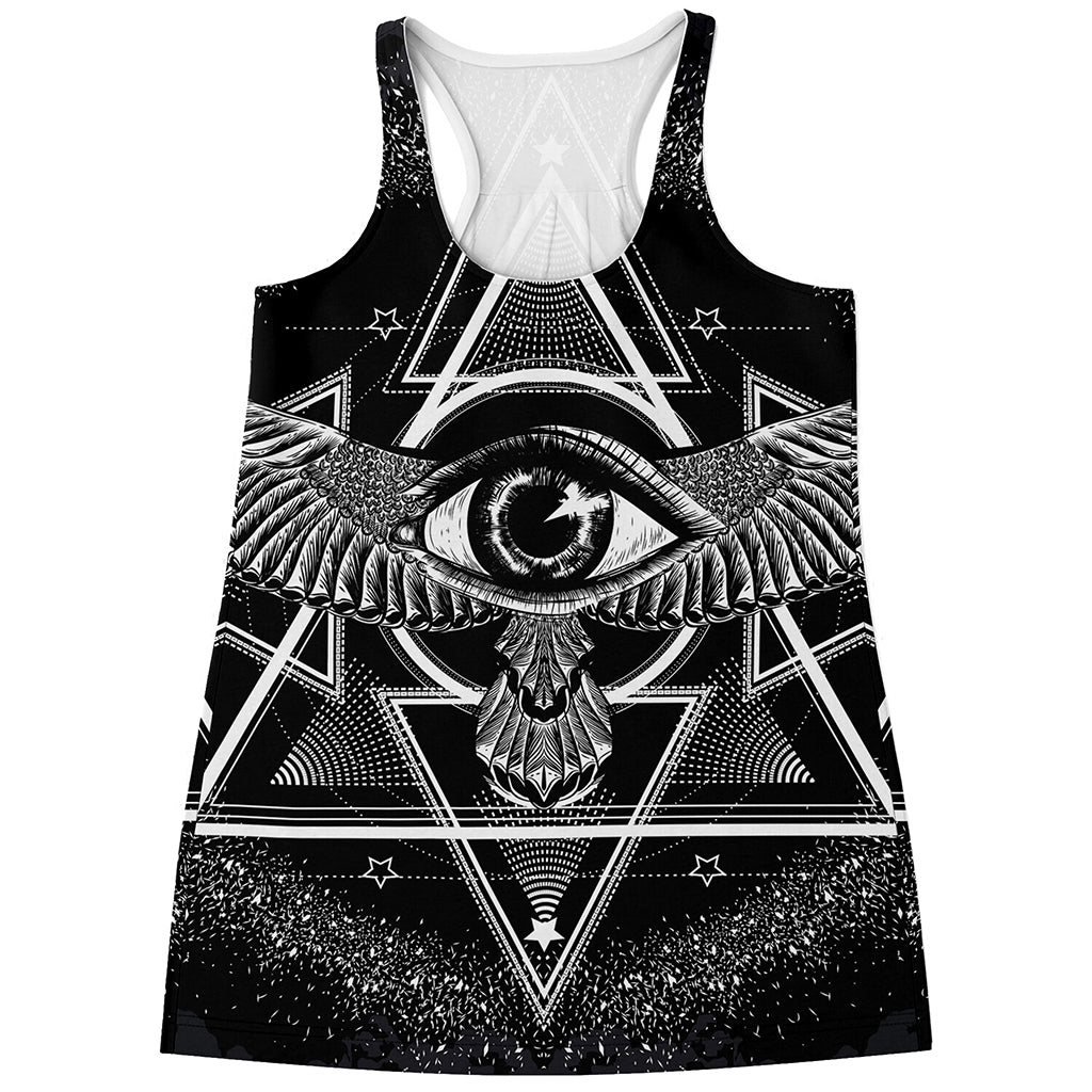 Black And White All Seeing Eye Print Women's Racerback Tank Top