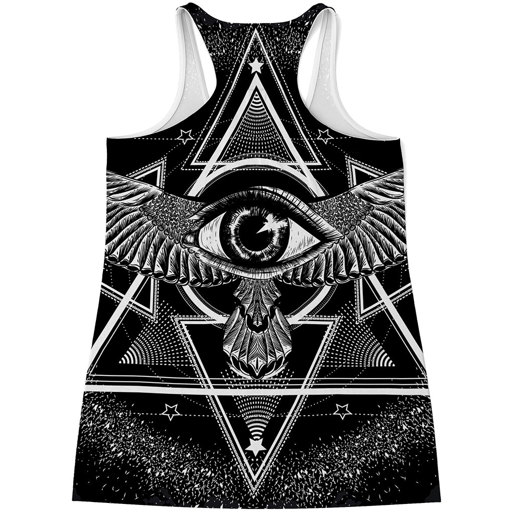 Black And White All Seeing Eye Print Women's Racerback Tank Top